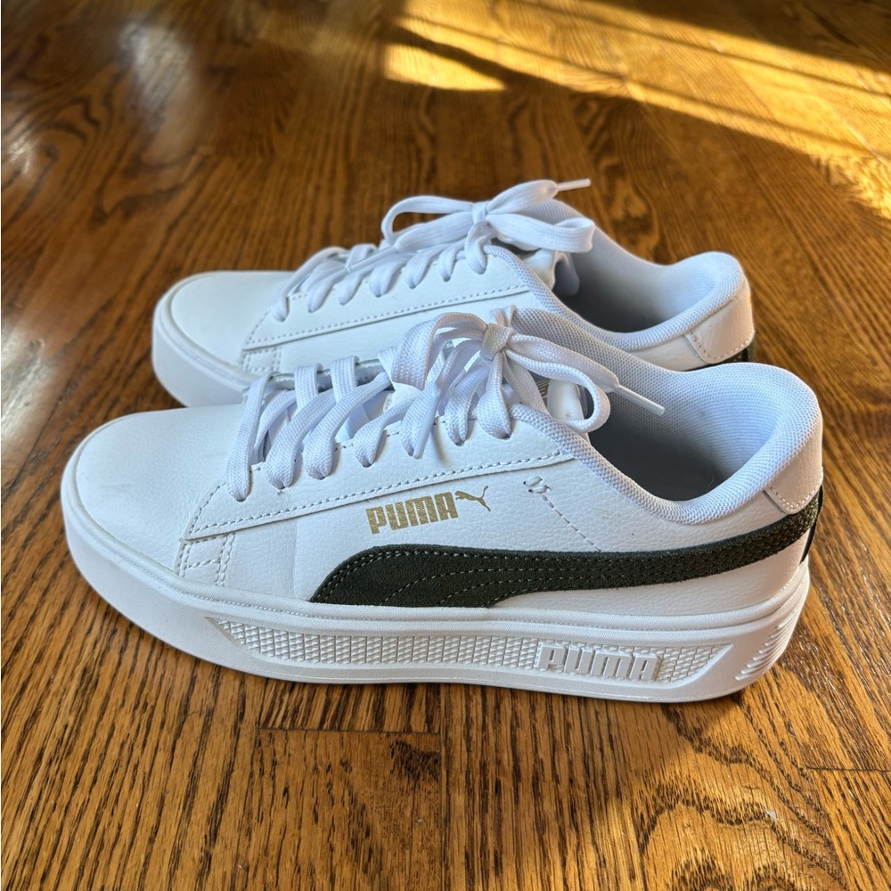 Puma Women's White Sneakers with Green and Gold Accents